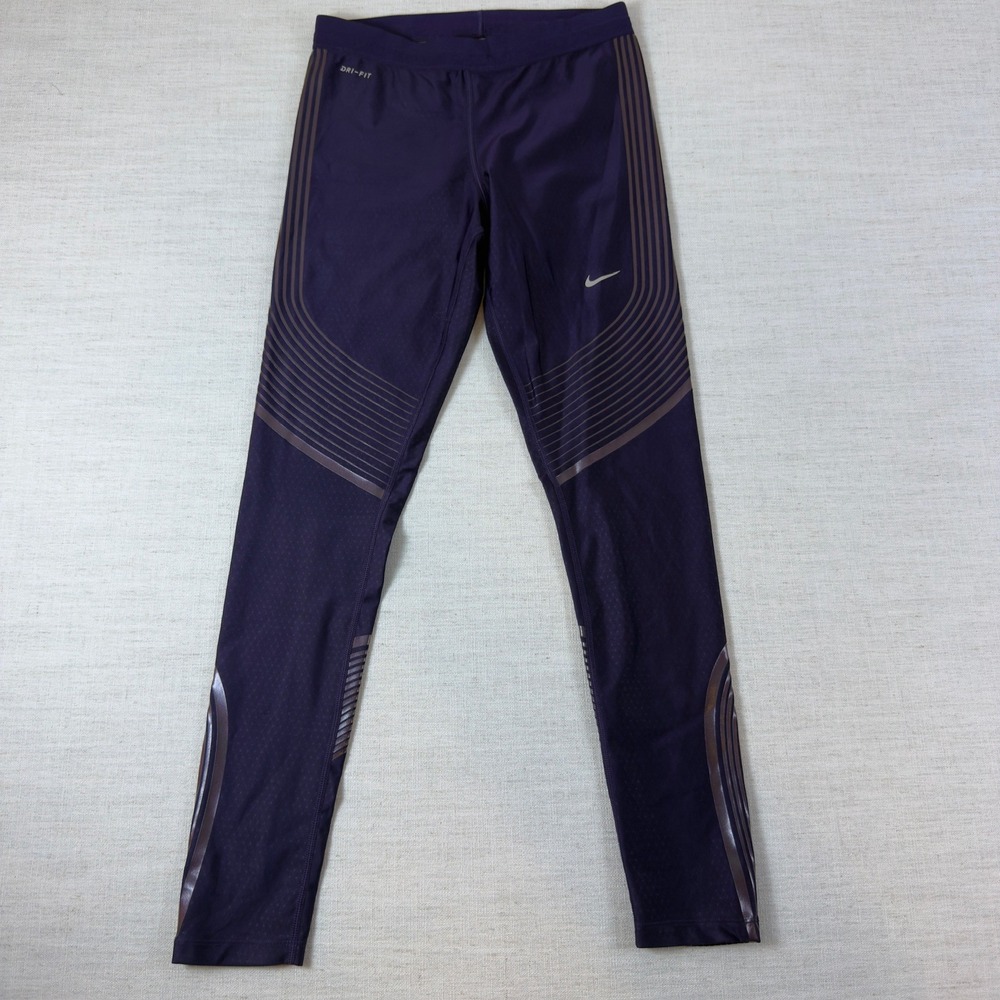 Nike Dri-FIT Running Tights Womens M Purple Copper Metallic Reflective Leggings
